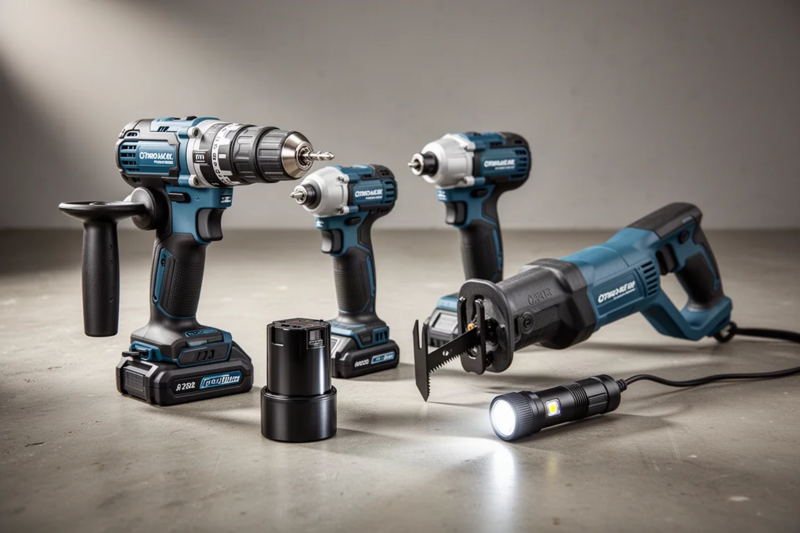 Four-piece cordless power tool kit with drill, impact driver, reciprocating saw, and flashlight on concrete