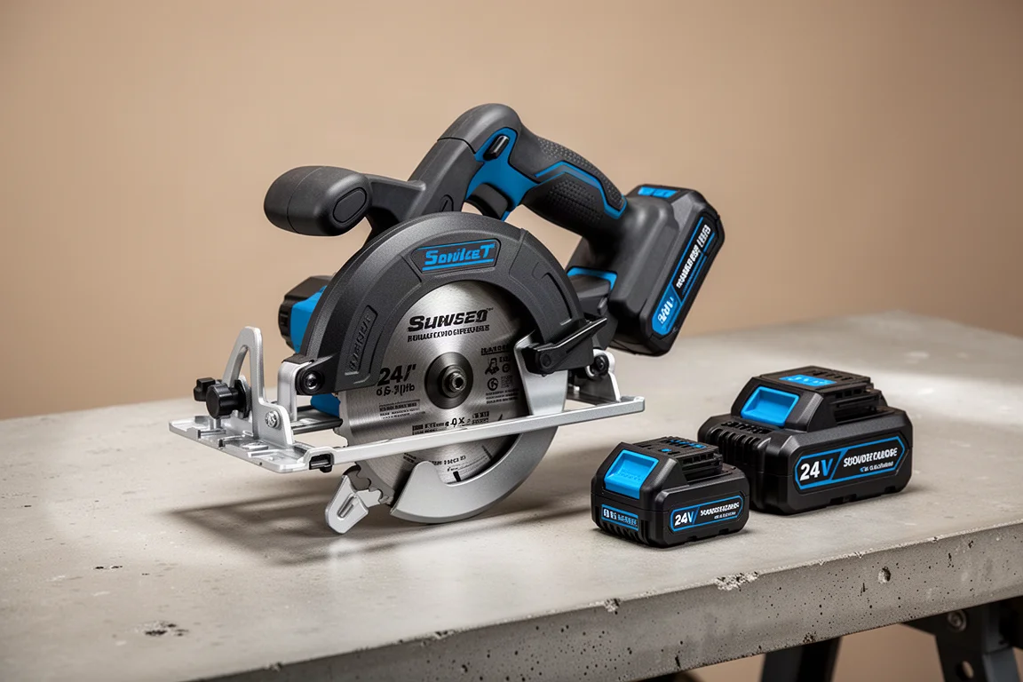 Cobalt 24V circular saw and battery packs on a concrete workbench