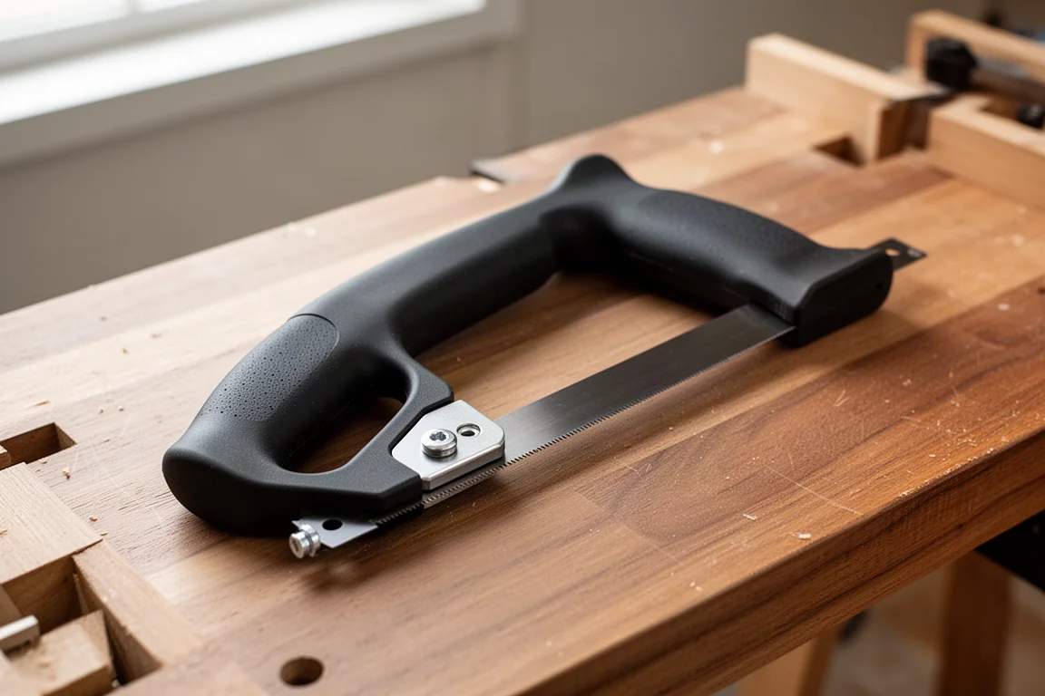 Saw handle with a hacksaw blade installed on a workbench