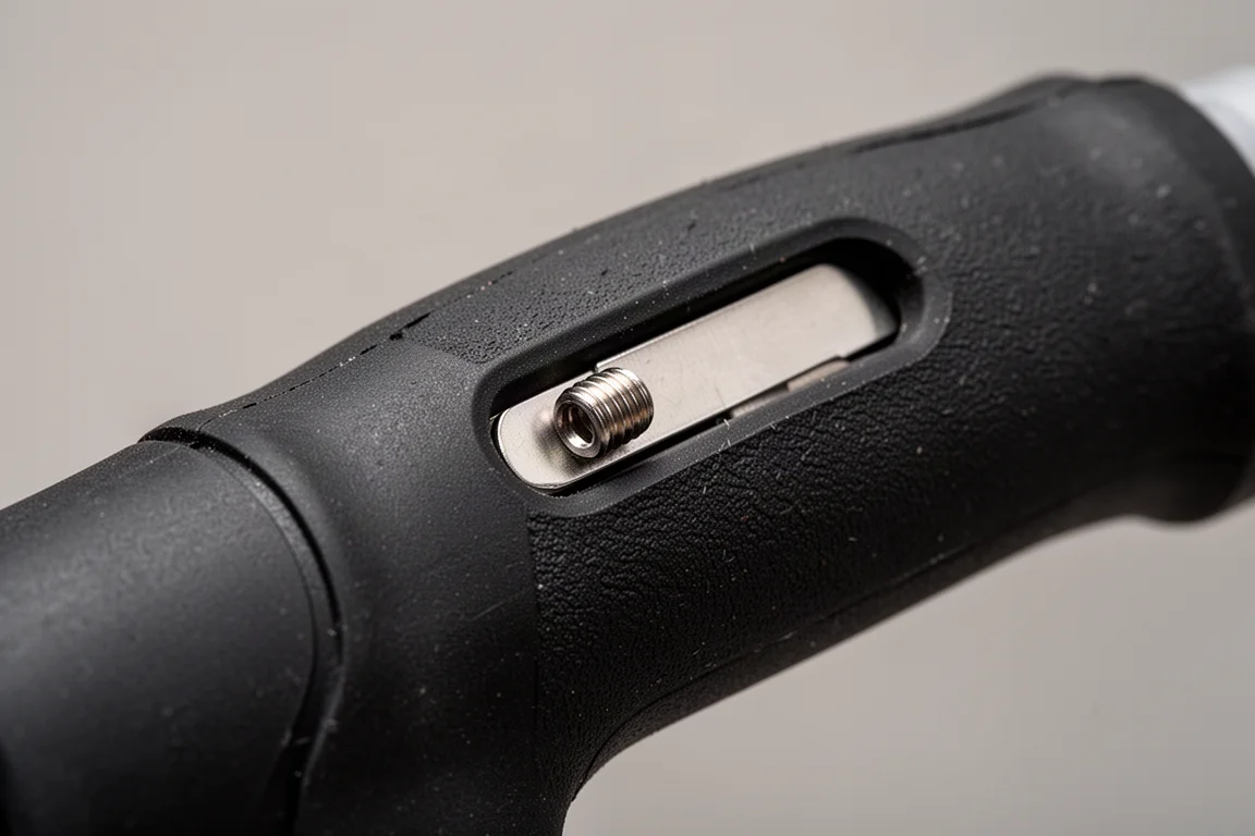 Close-up of a set screw and metal retention plate on a saw handle