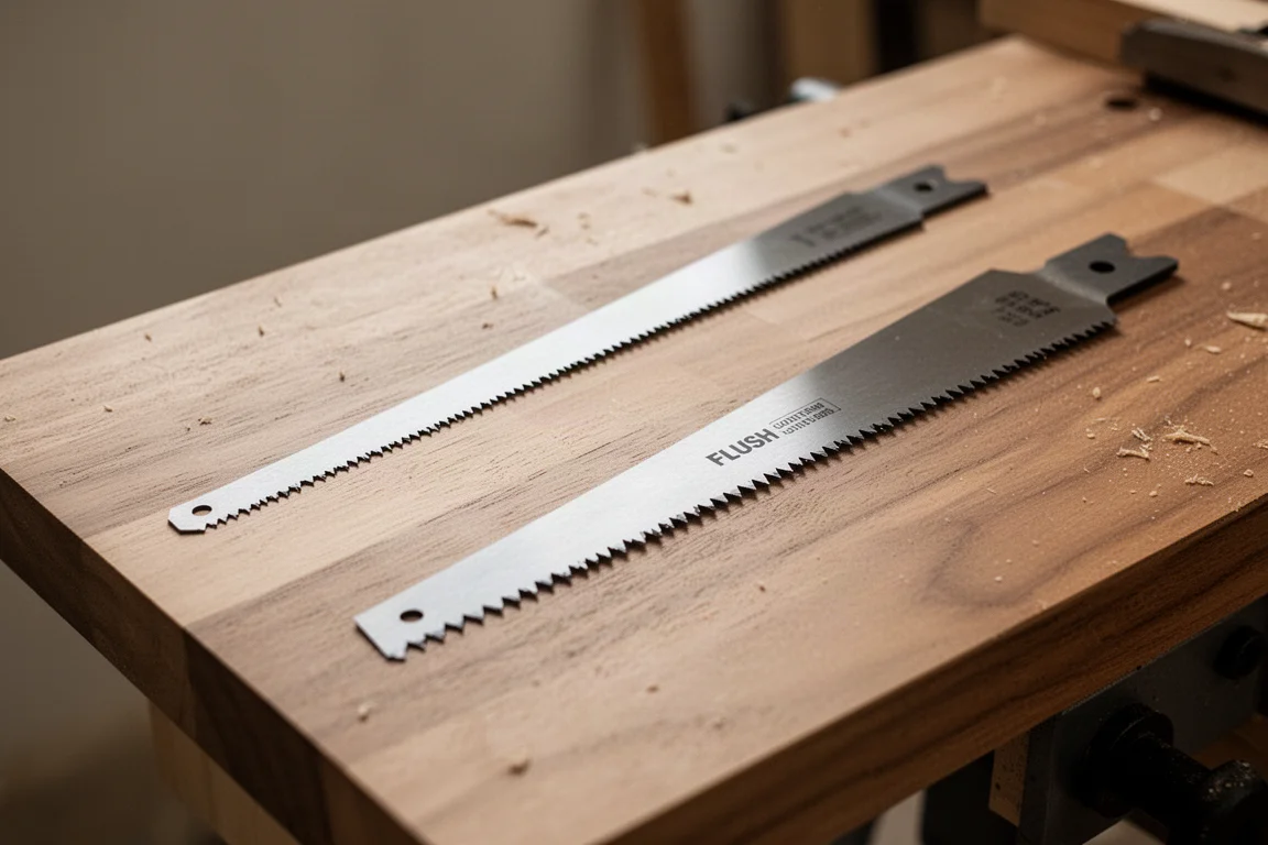Flush cutting blade and hacksaw blade laid side by side on a workbench