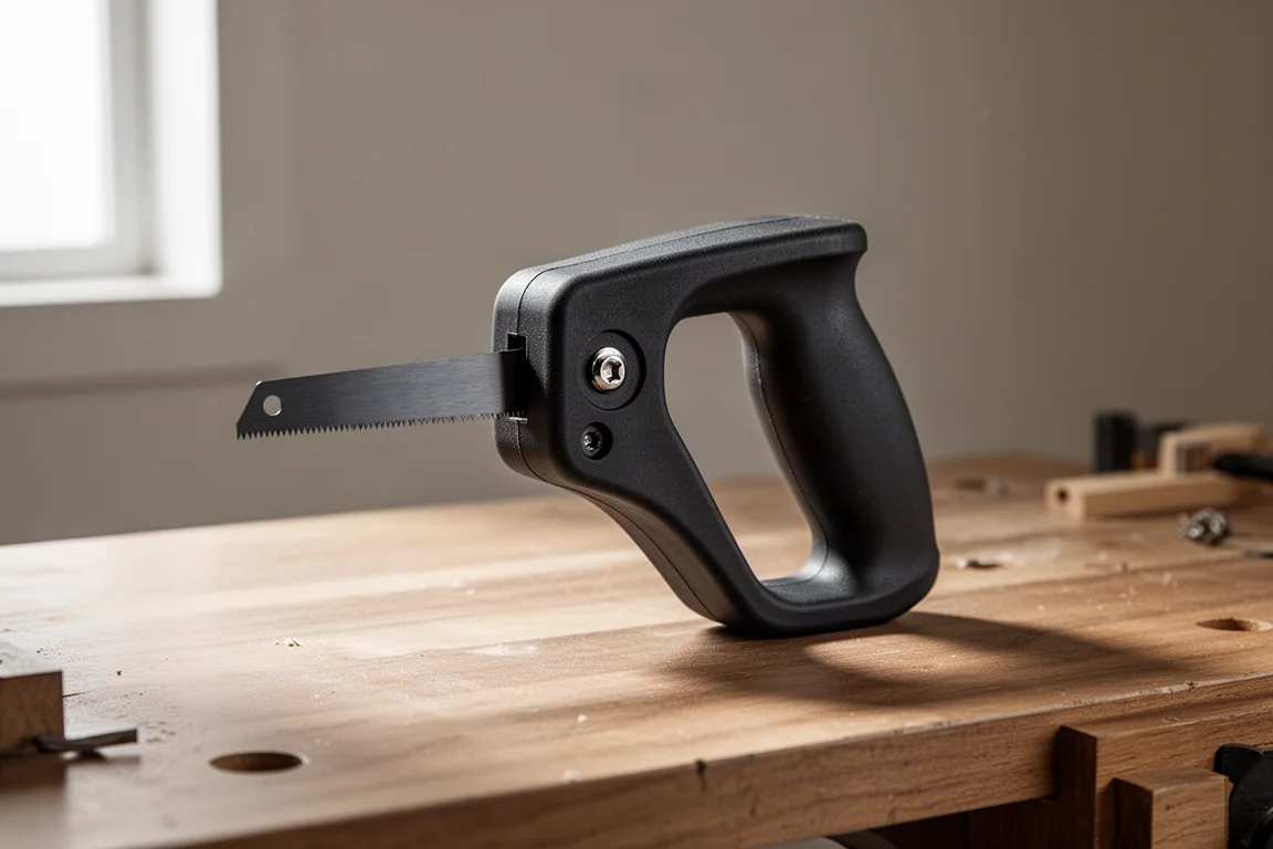 Rubberized multi-use saw handle with a hacksaw blade installed on a wood workbench