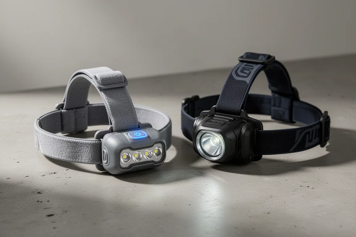 Cobalt Headlamp and DeWalt DWHT81424 headlamps side by side on concrete