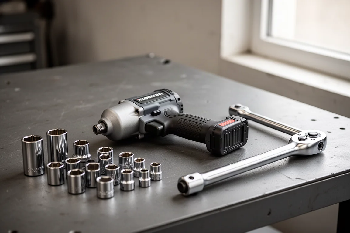 Cordless impact wrench resting on a workshop bench with sockets and fasteners nearby