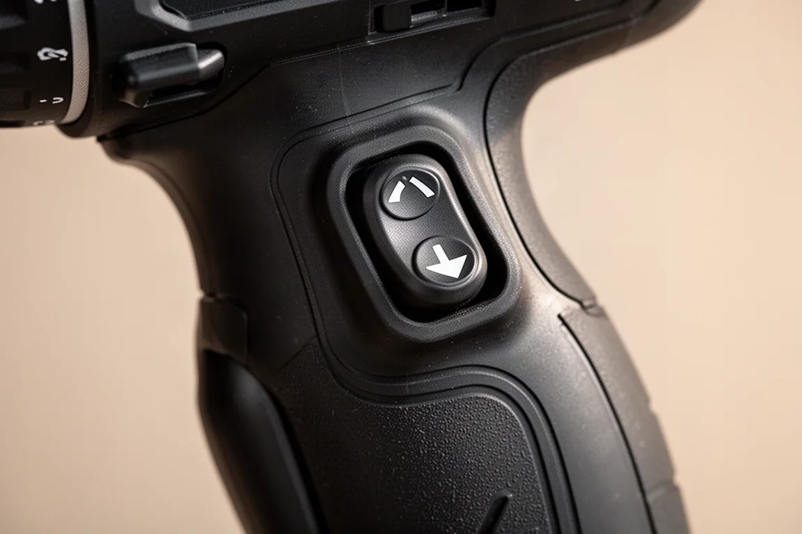 Close-up of a push button direction switch and rubber over-molded grip on a cordless tool