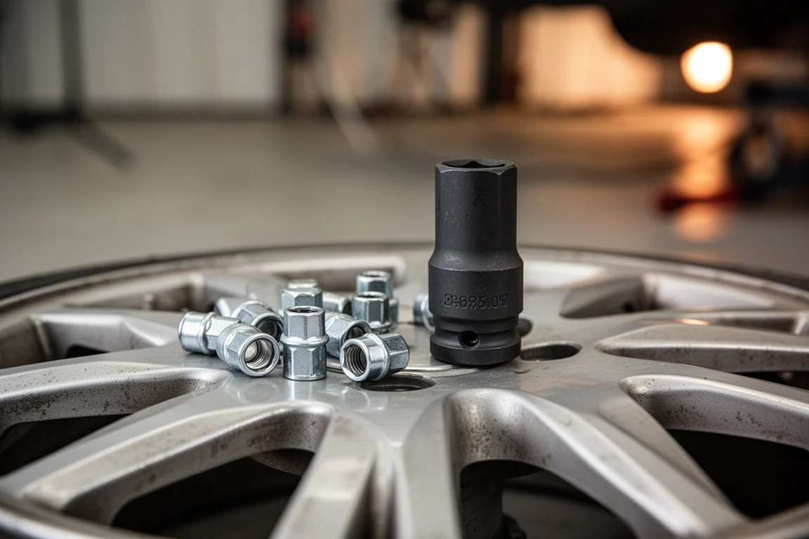 Loose lug nuts and a socket resting on a wheel hub in a garage setting