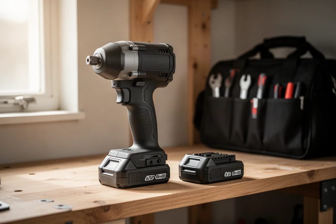 Cordless impact wrench with a battery pack charging on a workshop shelf