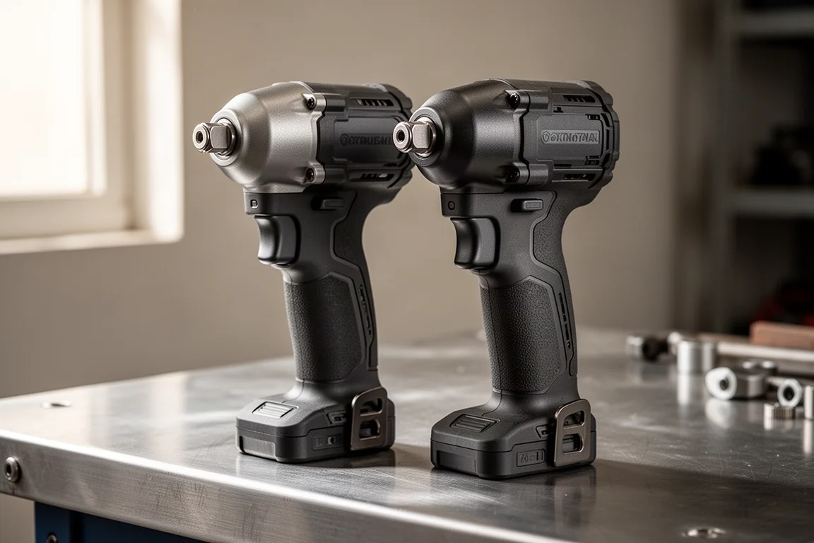 Two cordless mid torque impact wrenches standing on a brushed steel workshop bench