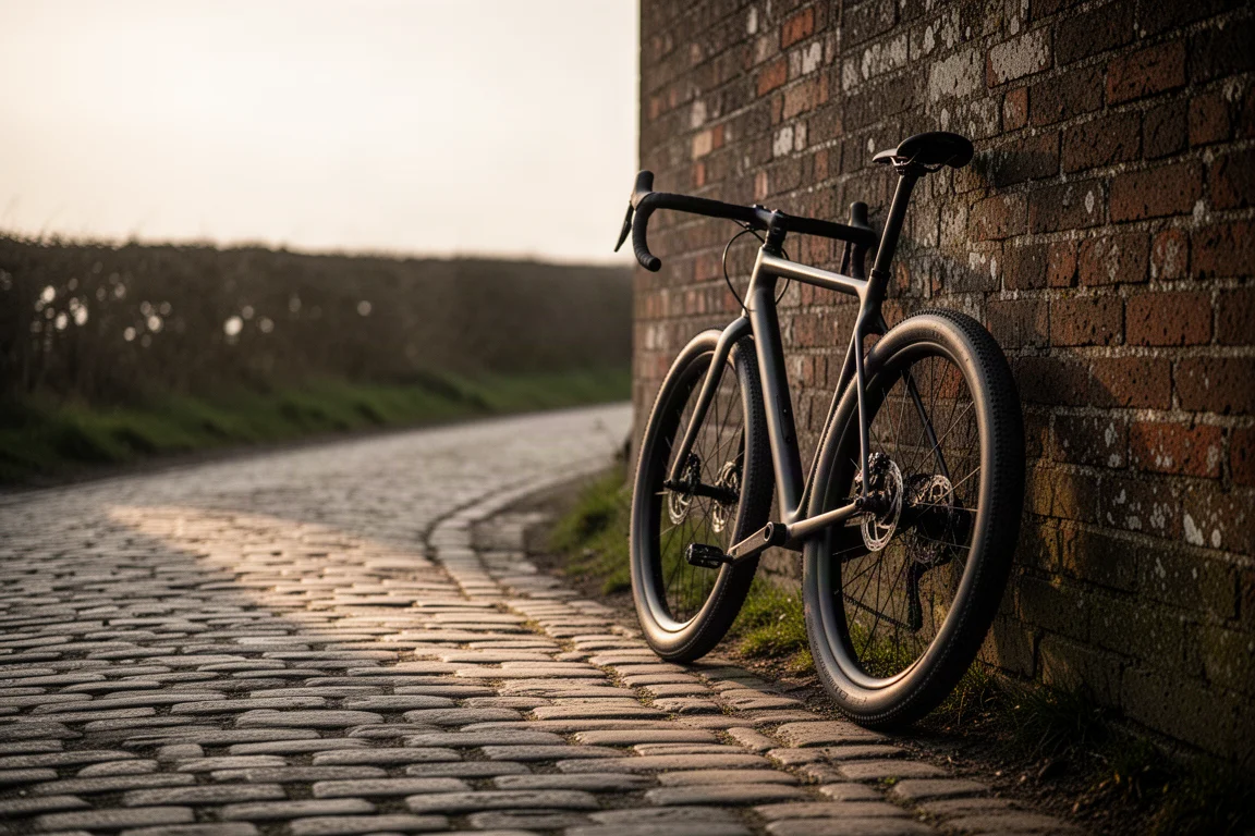 Bicicleta de carretera apoyada contra una pared de ladrillo junto a una carretera adoquinada al atardecer