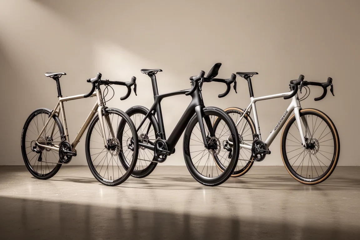 Tres bicicletas de carreras de carretera alineadas sobre un suelo de hormigón, mostrando diseños de frenos de llanta y frenos de disco aero