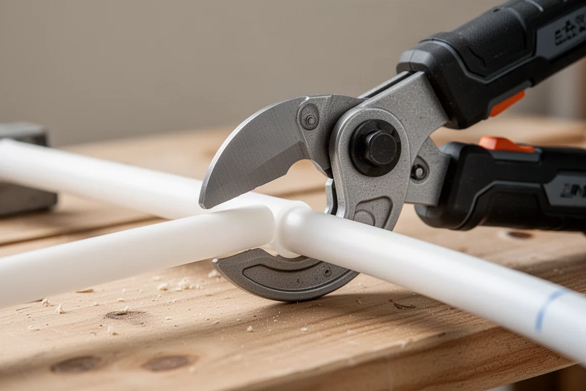 Close-up of the cutter jaws open around a length of PEX tubing on a workbench