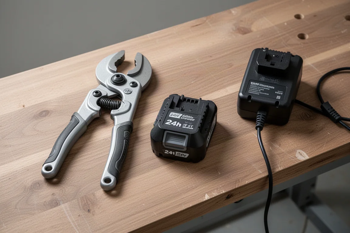 Battery pack and charger laid out on a workbench beside the cutter