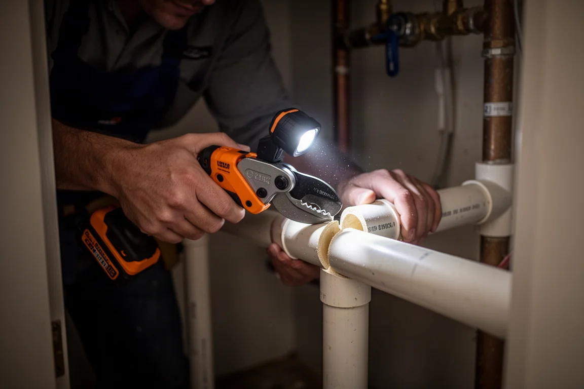 Plumber cutting pipe in a dim crawl space illuminated by the tool's LED light