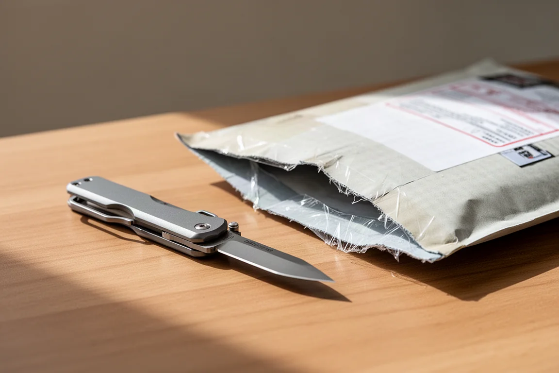 Pennkniv som ligger på ett skrivbord bredvid en öppnad, utklipptSTOPp达 padded fraktkuvert