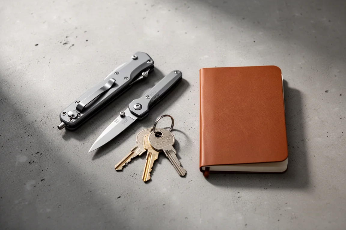 EDC-flatlay med fickkniv, nycklar och anteckningsblock på en betongyta