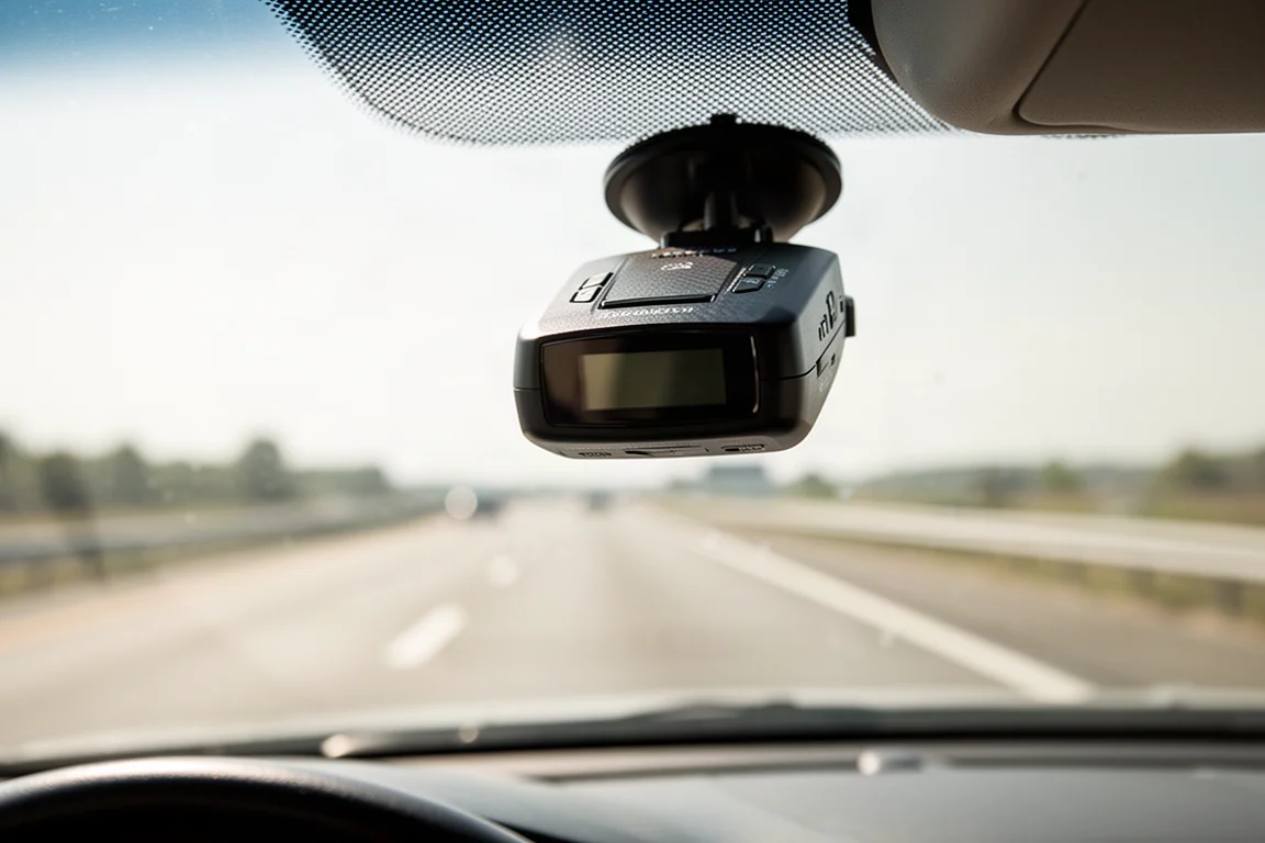 Compact black radar detector mounted on a car windshield with a clear view of the road ahead