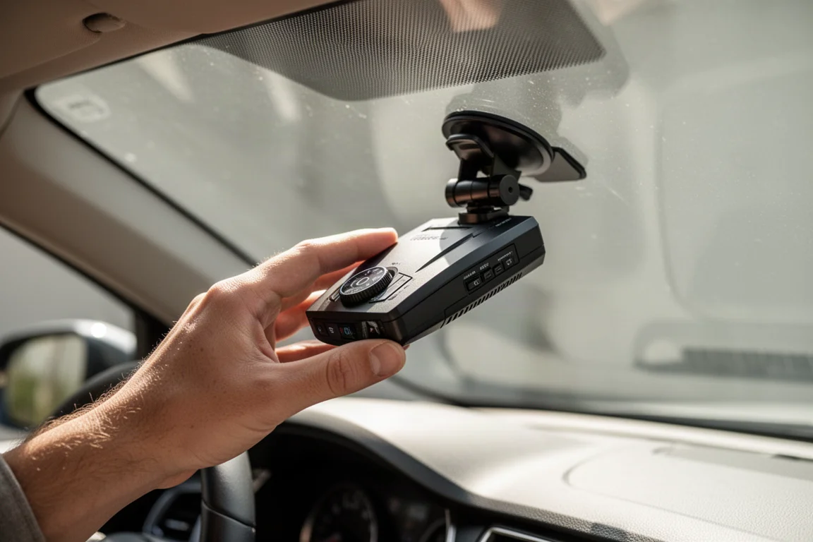 Close-up of a driver's hand adjusting a radar detector mount on the windshield