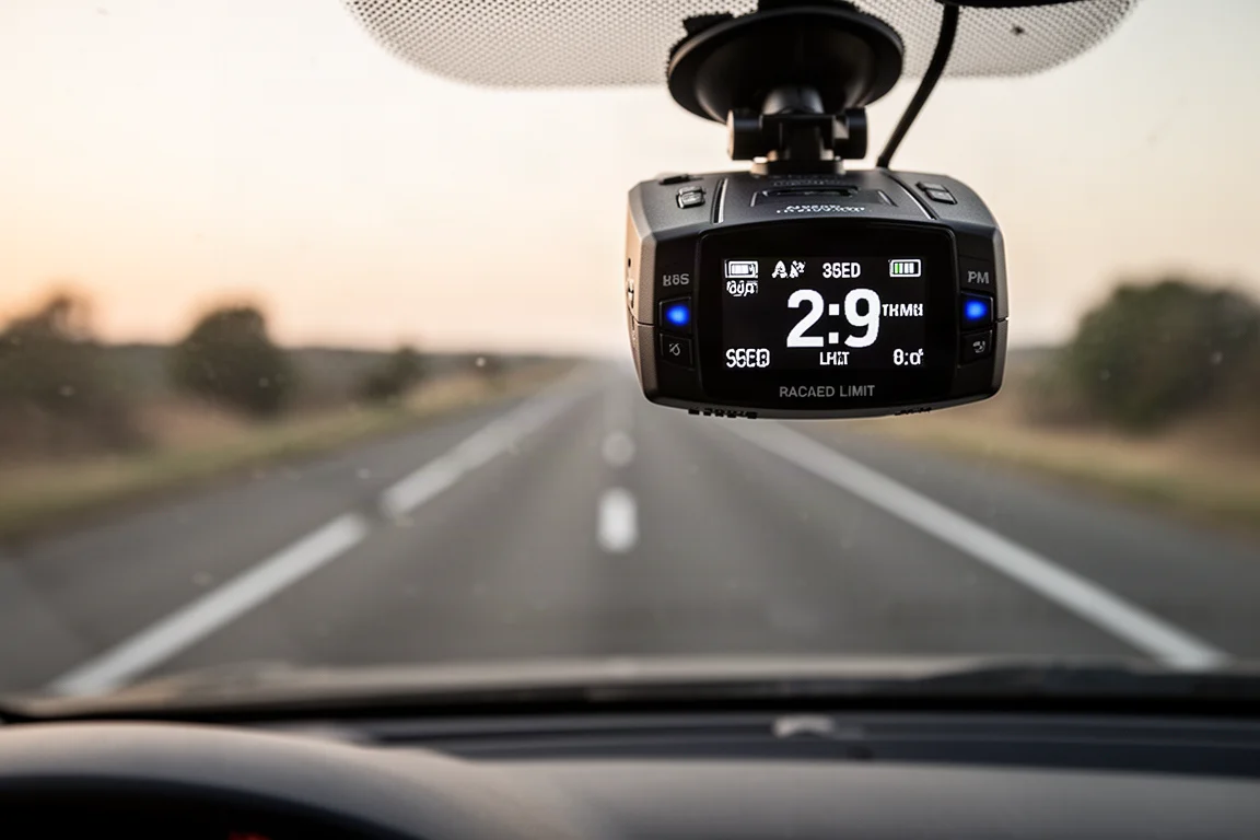 Radar detector display showing a speed limit readout while driving on a highway