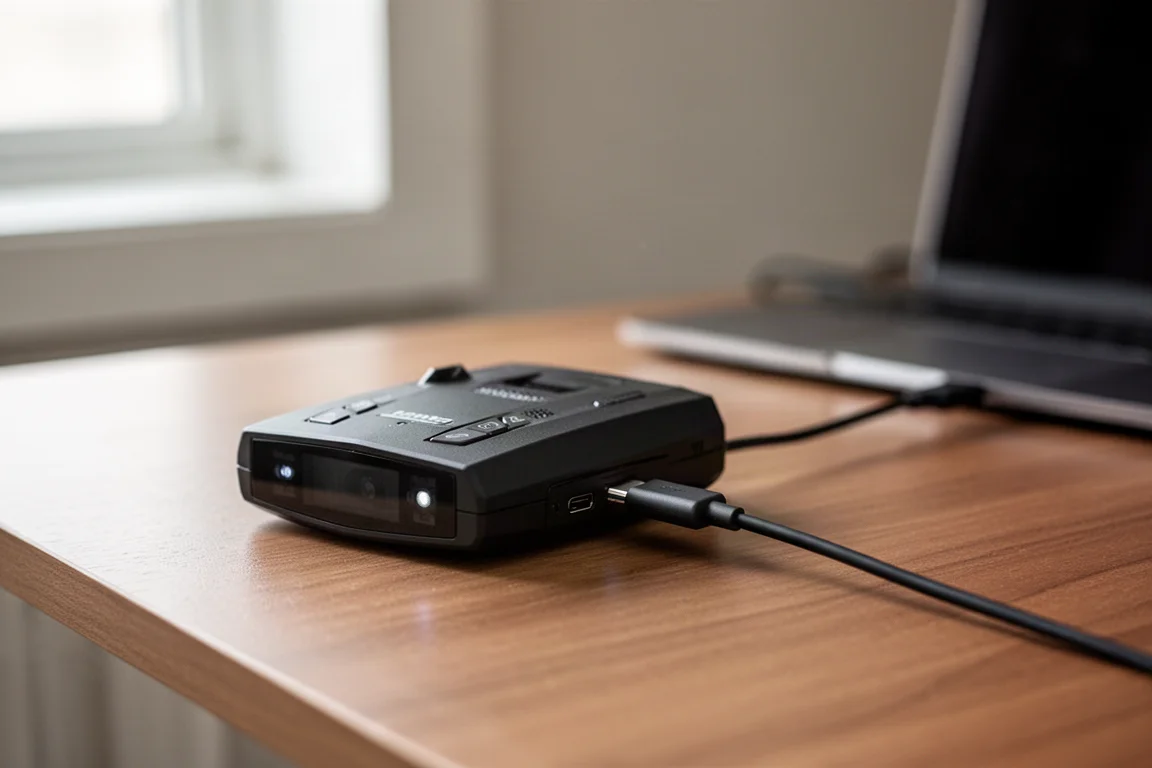 Radar detector with a USB Type-C cable connected for firmware updates on a desk