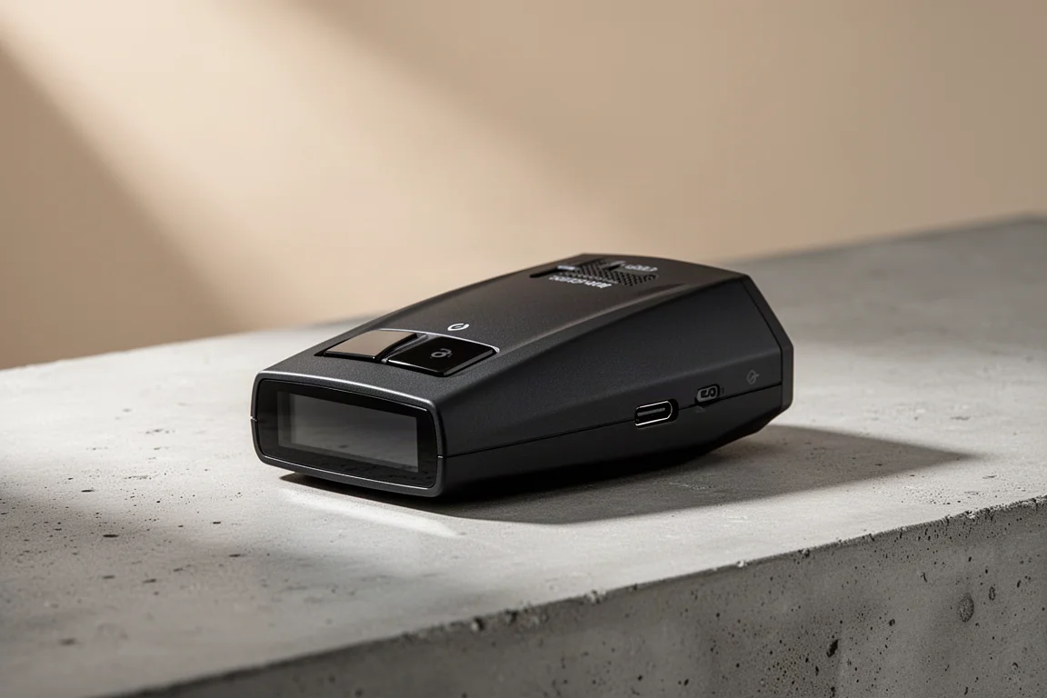 Cobra RAD 490i radar detector on a matte concrete surface