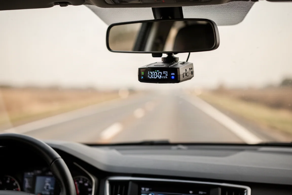 Radar detector mounted on a car windshield with a road ahead
