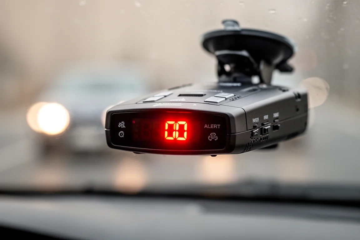 Close-up of a radar detector display showing a red alert indicator