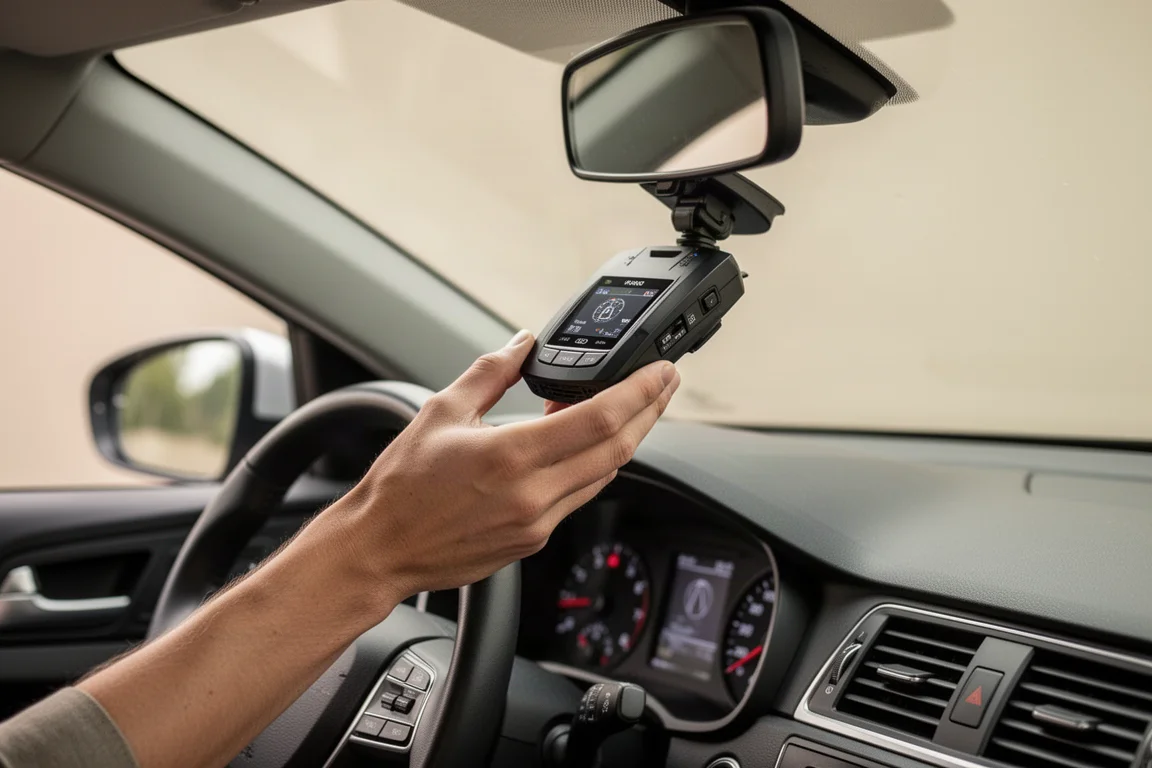 Driver's hand adjusting a radar detector on a windshield