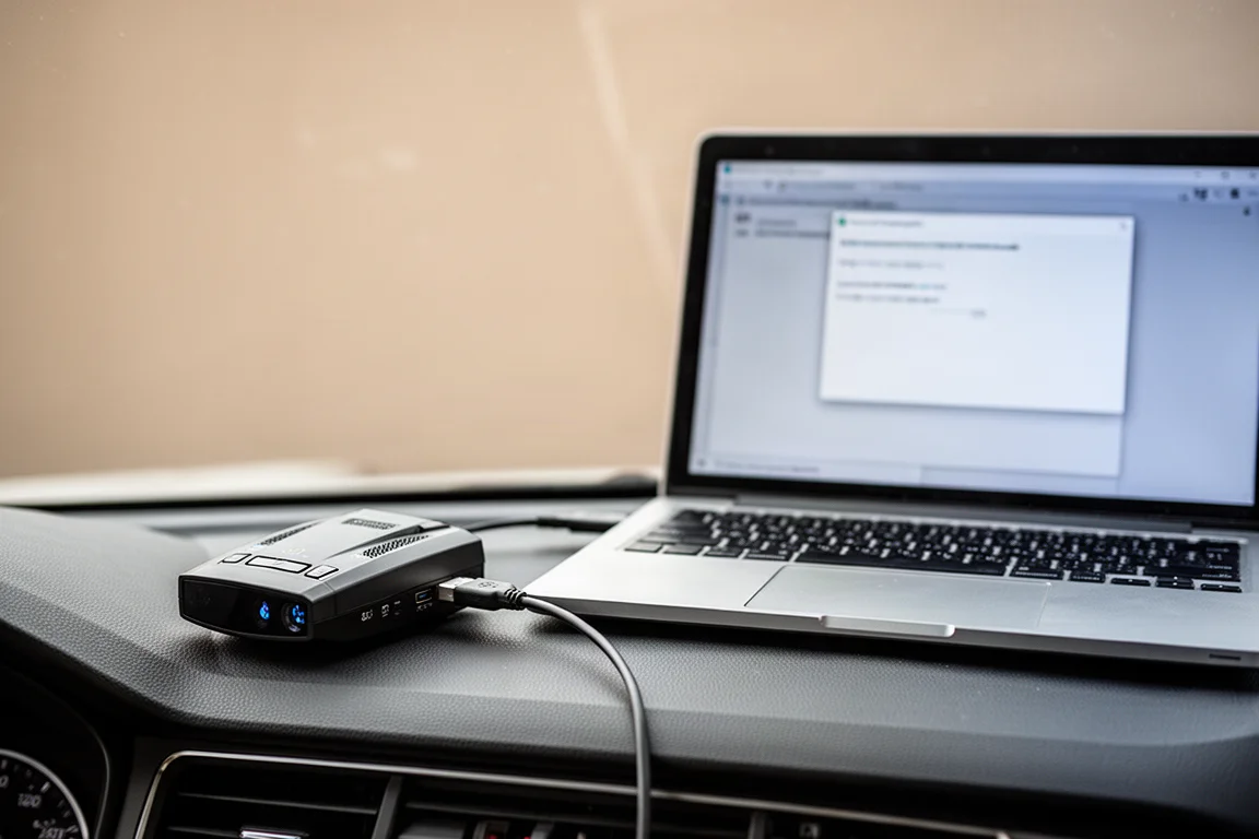 Radar detector on a dashboard next to a laptop with a USB cable