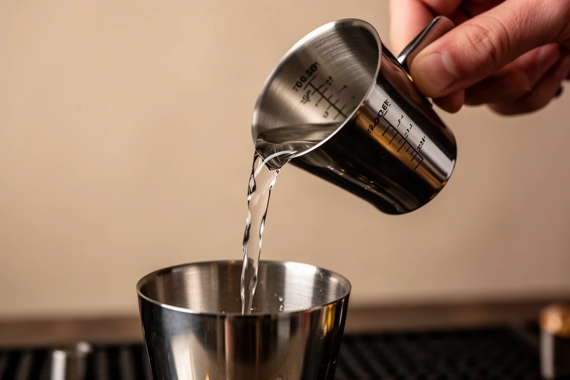 Angled jigger pouring clear liquid into a cocktail mixing vessel