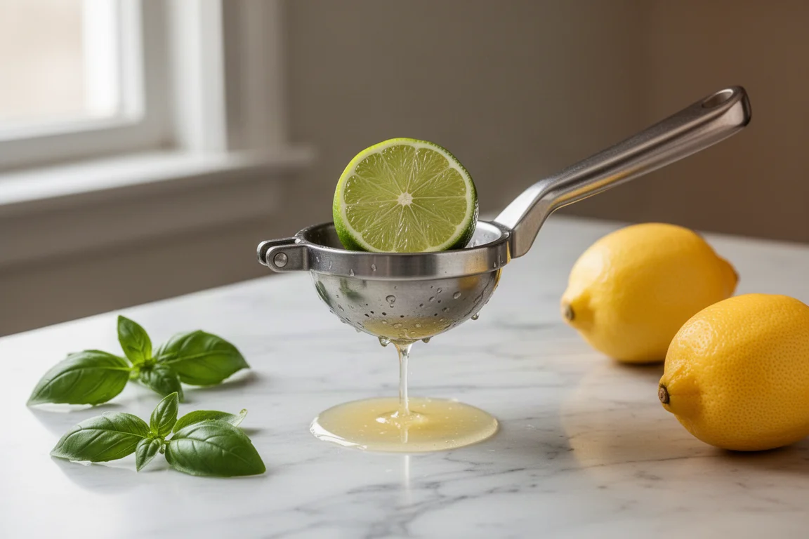 Halved lime being pressed in a citrus juicer with fresh juice collecting below
