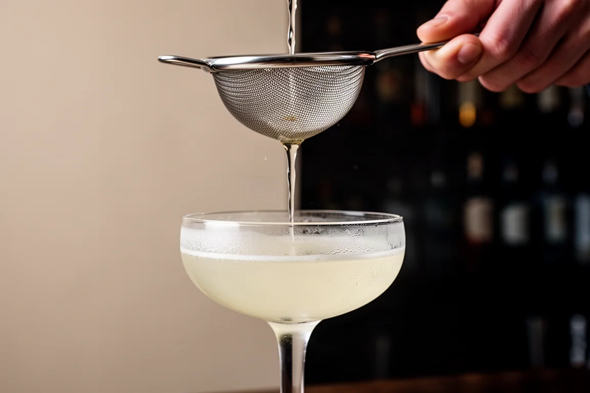 Cocktail being strained through a Hawthorne strainer into a chilled coupe glass