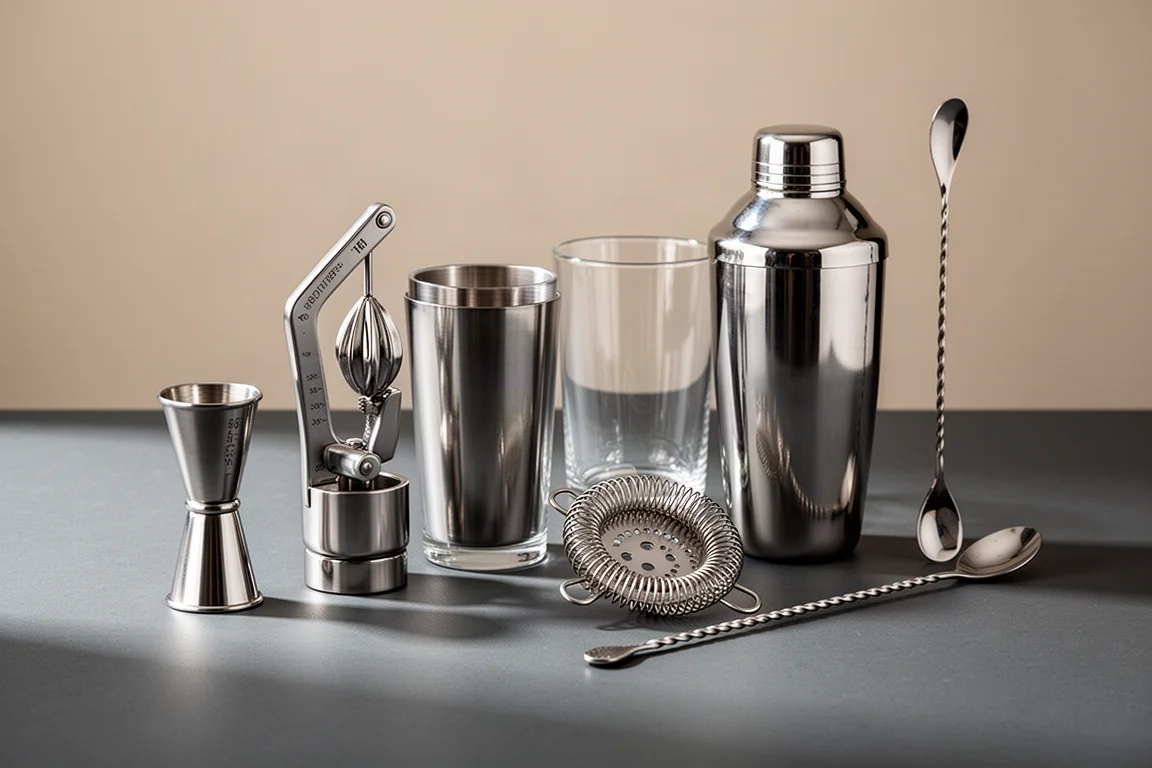 Capsule cocktail bar tools including a jigger, citrus juicer, Boston shaker, strainer, and bar spoon arranged on a grey surface