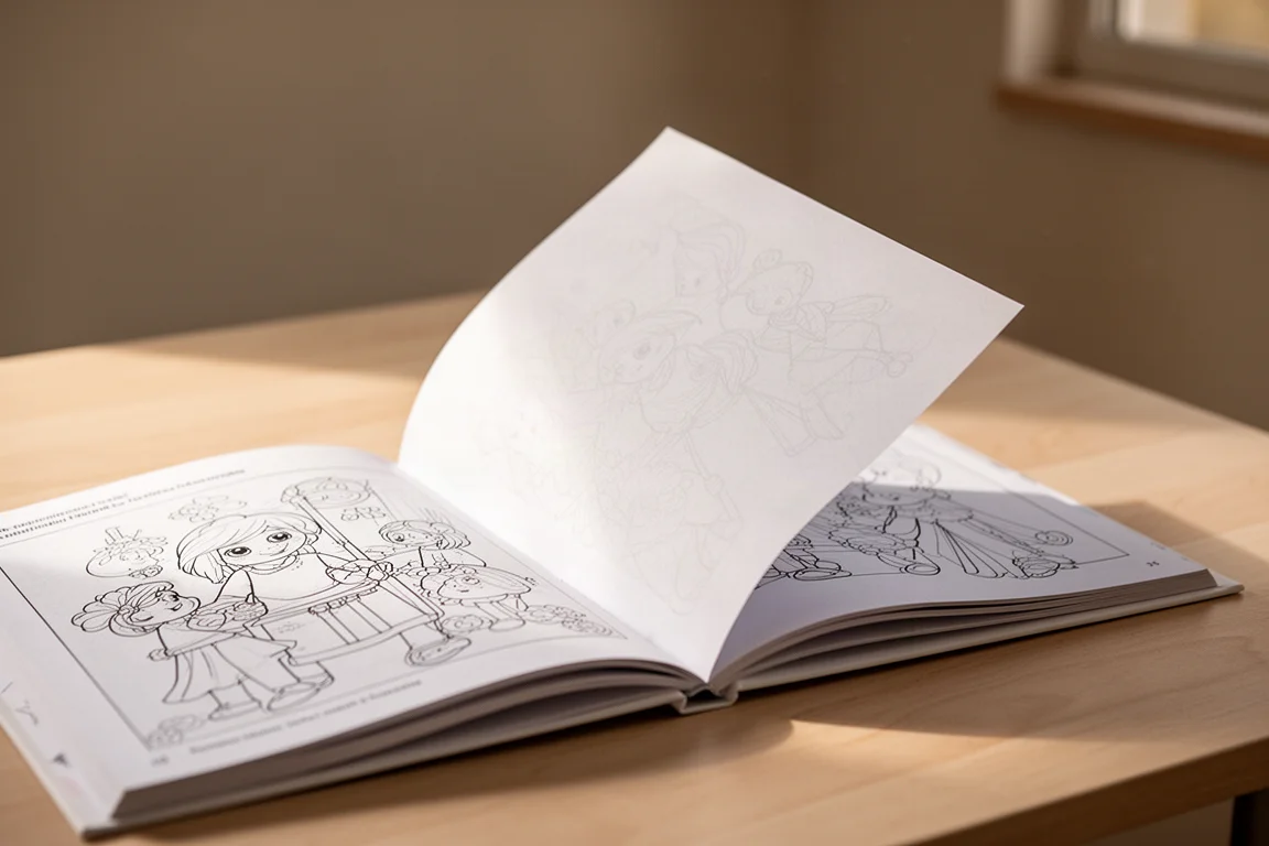 Livro de colorir aberto com páginas finas mostrando leve transparência da página seguinte