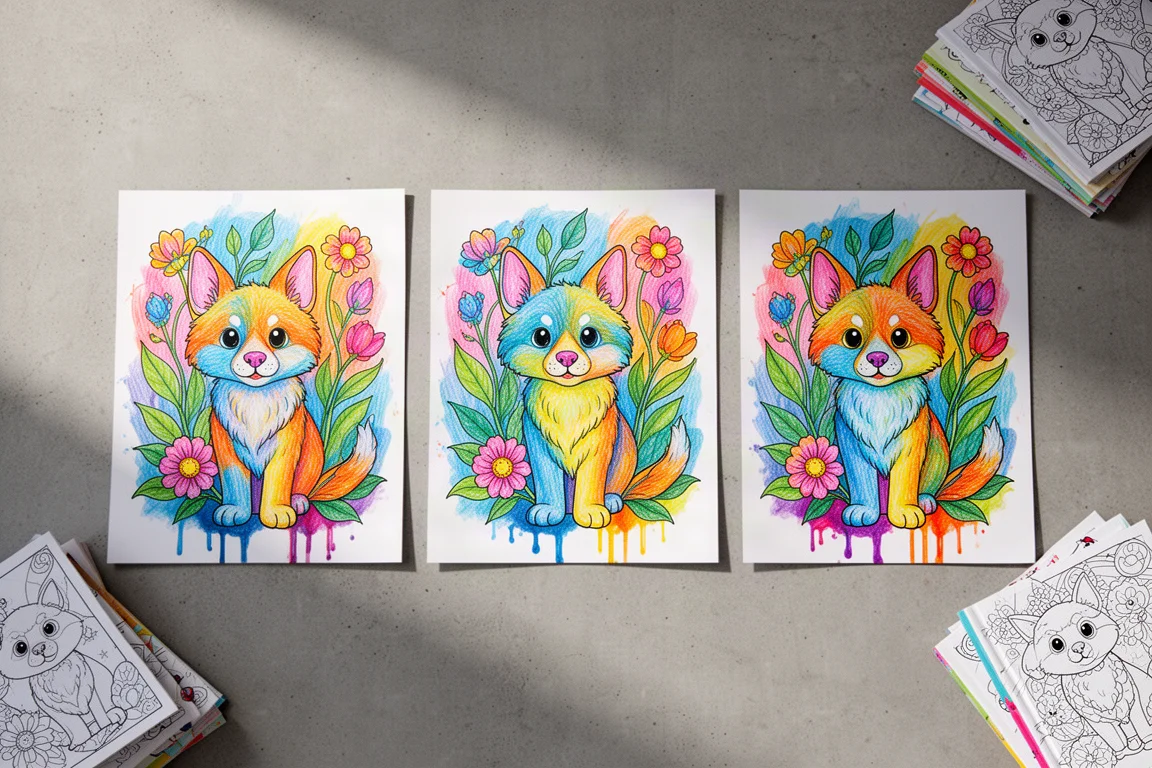Comparação de páginas de colorir finalizadas dispostas lado a lado