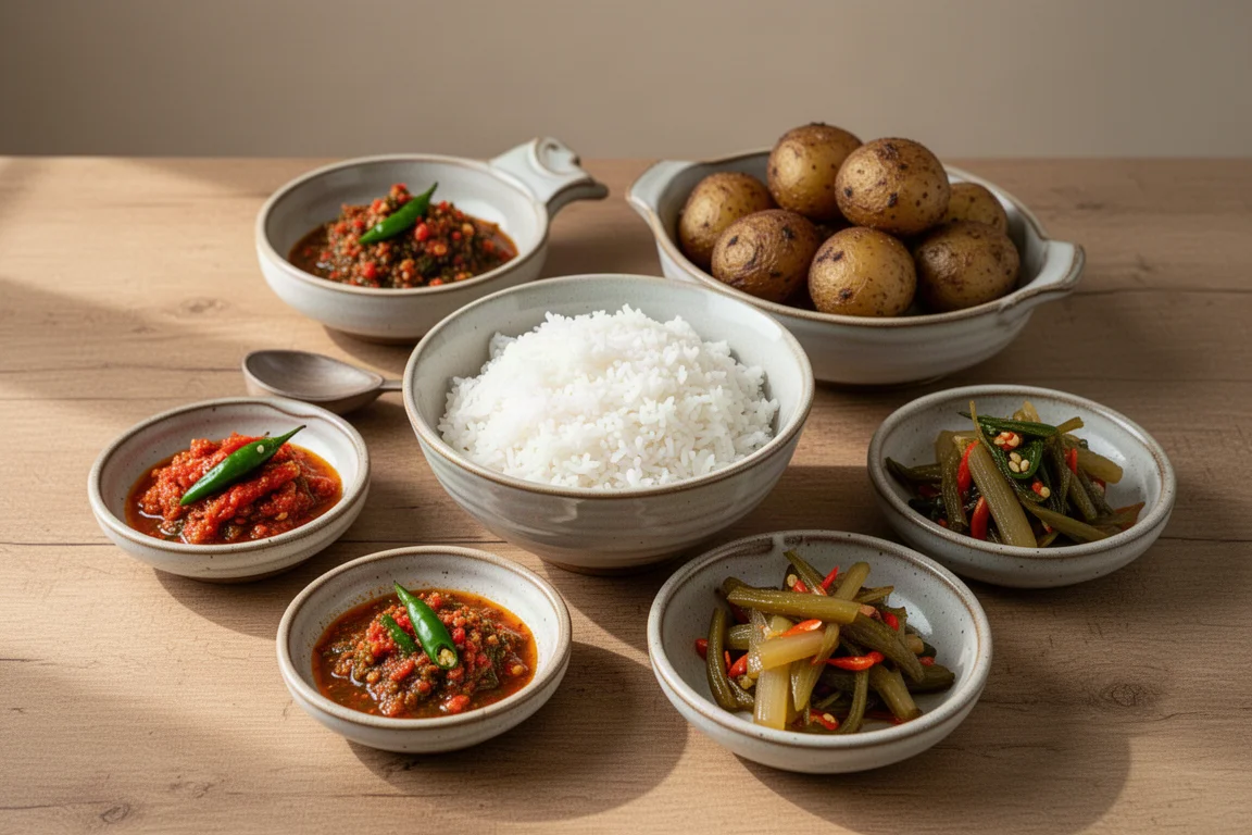Indonezyjski stół z ryżem, sambal i kilkoma dodatkami