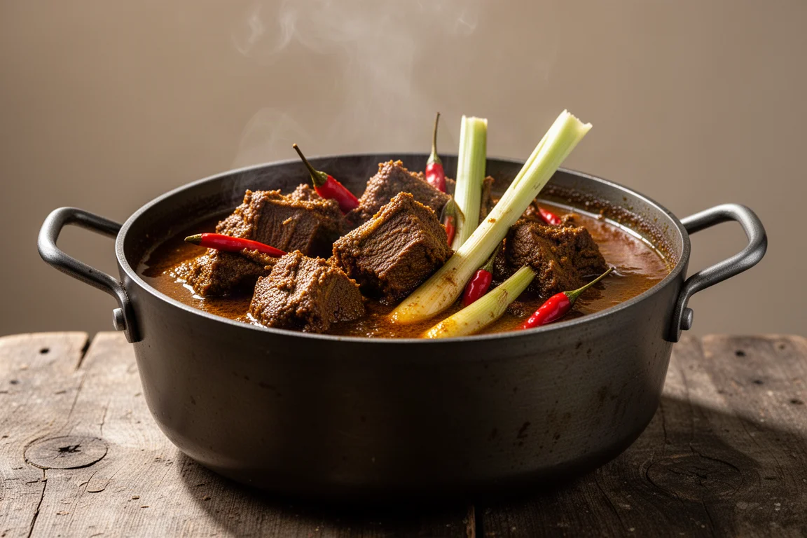 Bogaty rendang wołowy duszący się w garnku z trawą cytrynową i chilli