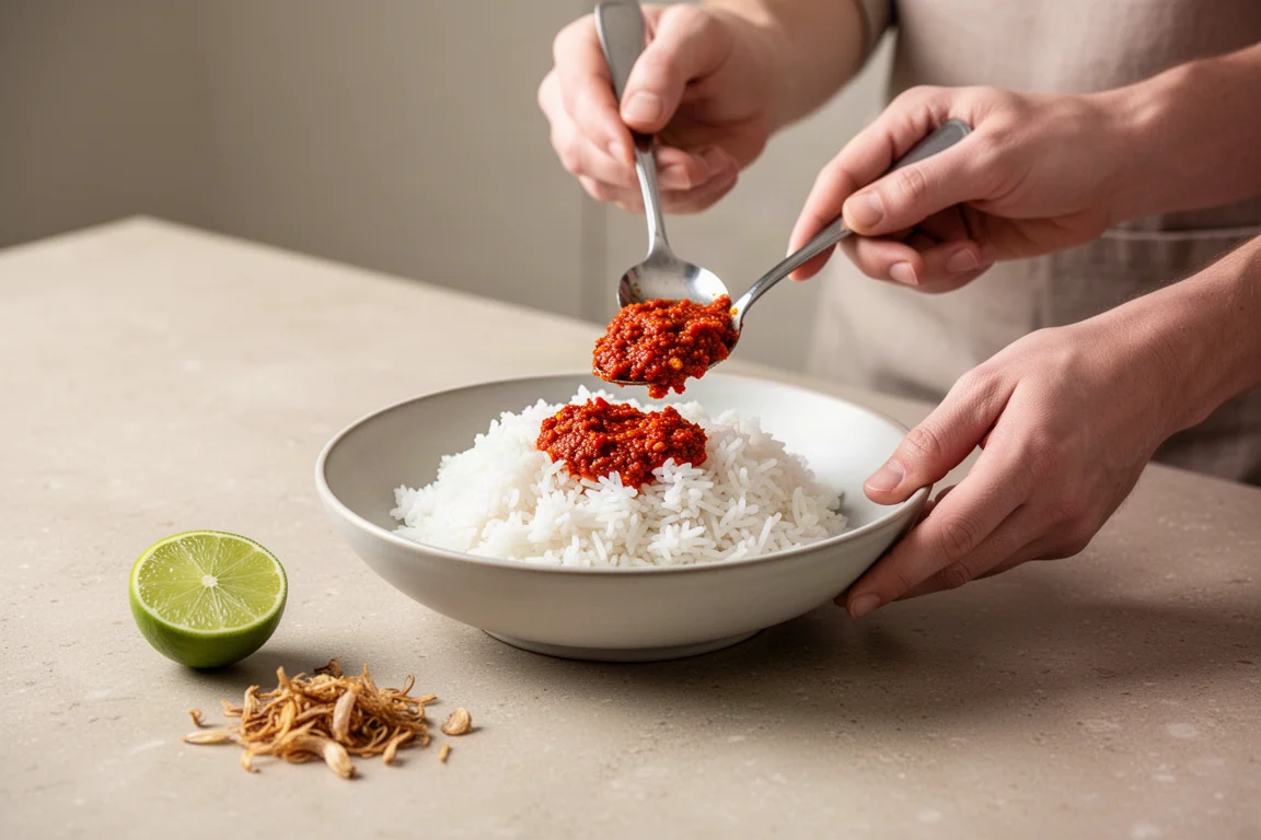 Osoba mieszająca miskę ryżu z łyżką sambal obok