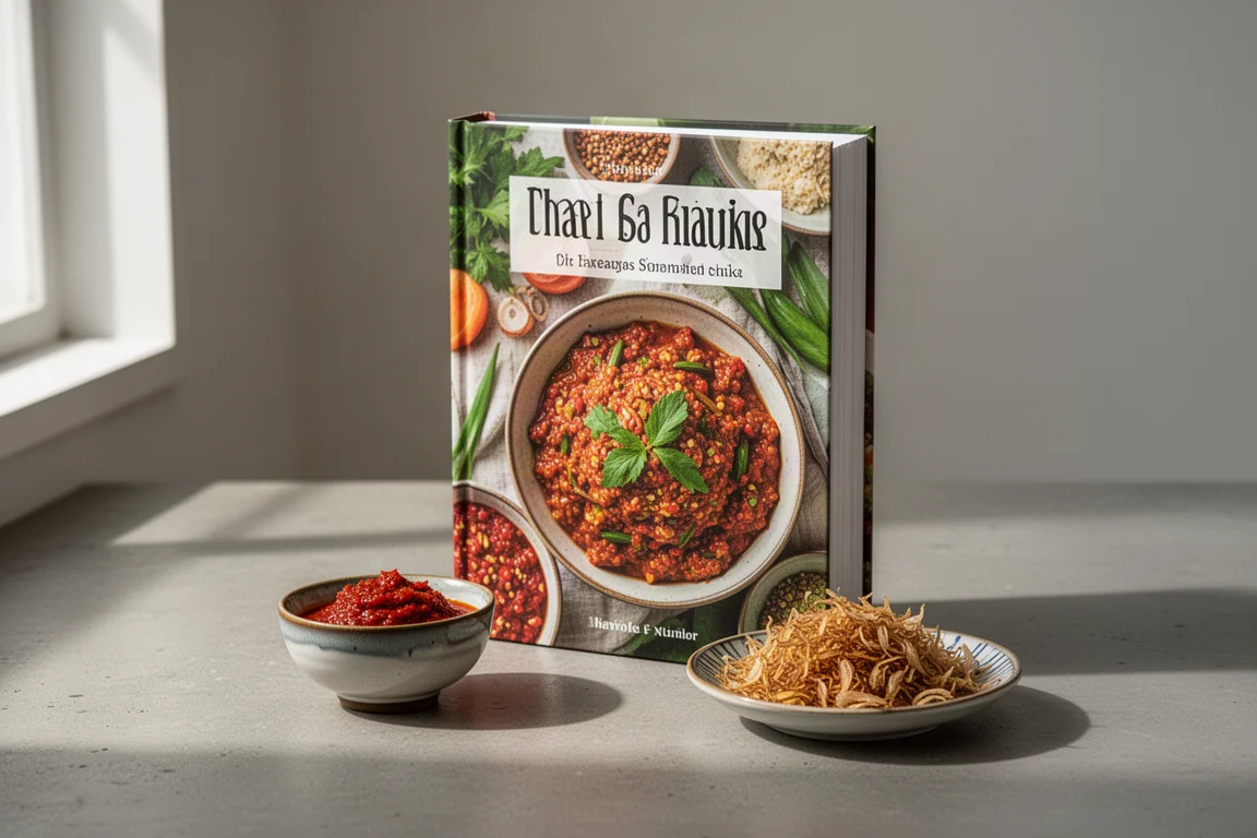 Hardcover cookbook standing on concrete with bowls of sambal and fried shallots