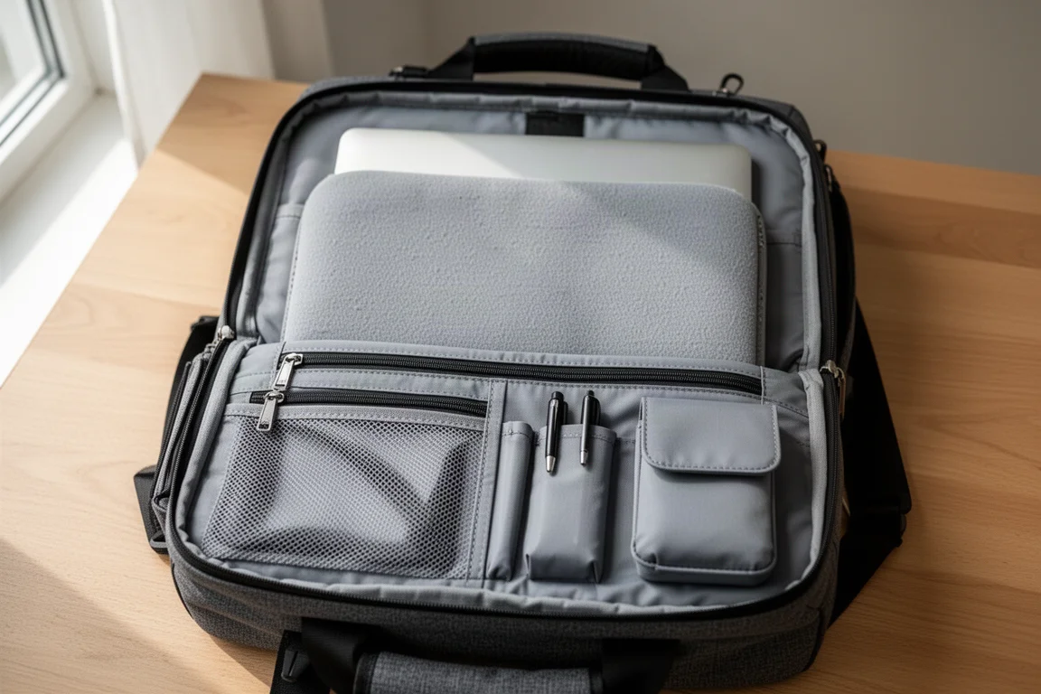 Intérieur ouvert d'un sac de type serviette montrant une poche pour ordinateur rembourrée et des poches organisatrices