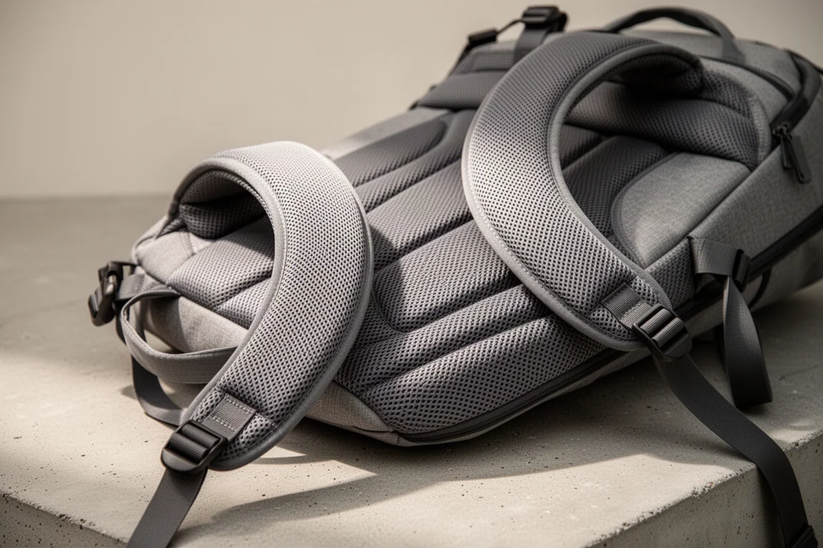 Bretelles de sac à dos et ventilation du panneau dorsal sur un sac convertible photographié de biais