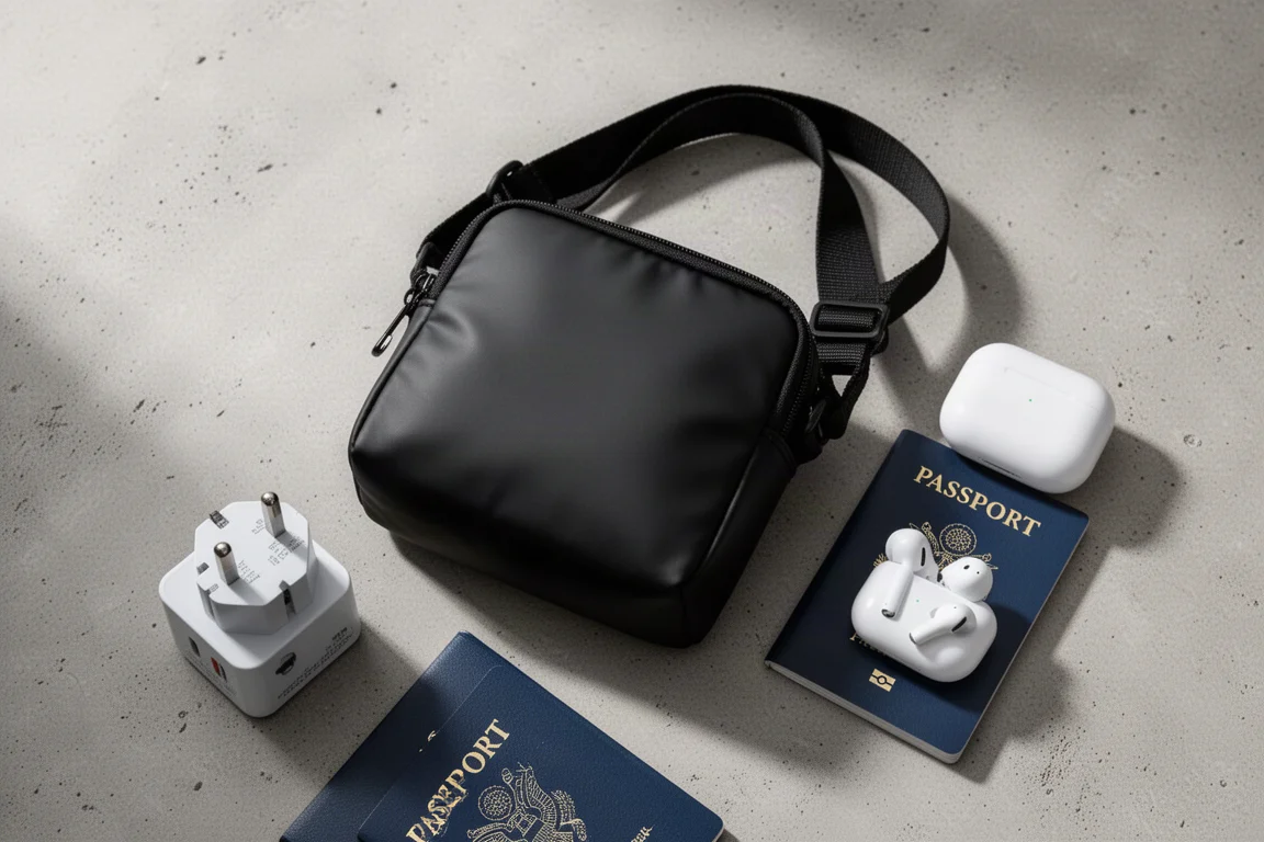 Borsa a tracolla compatta nera con esterno in nylon laminato liscio su una superficie di cemento
