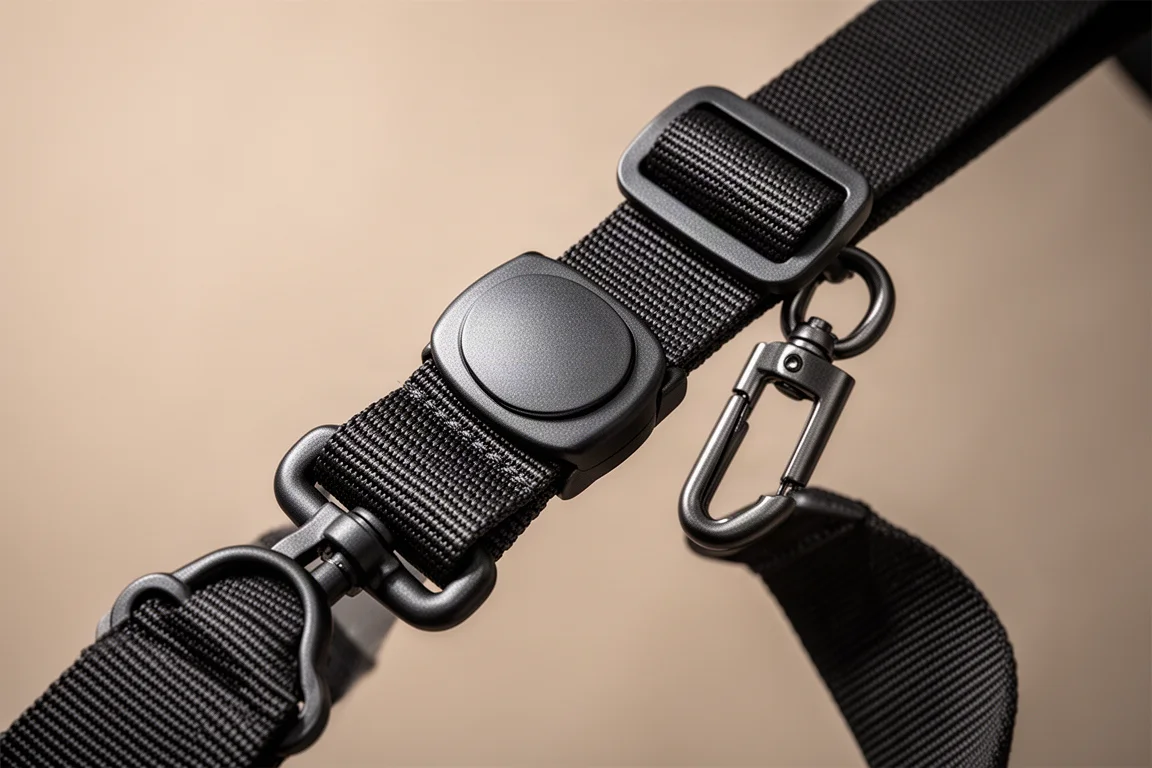 Primo piano di una cinghia in webbing con regolatore, fibbia magnetica e moschettoni girevoli