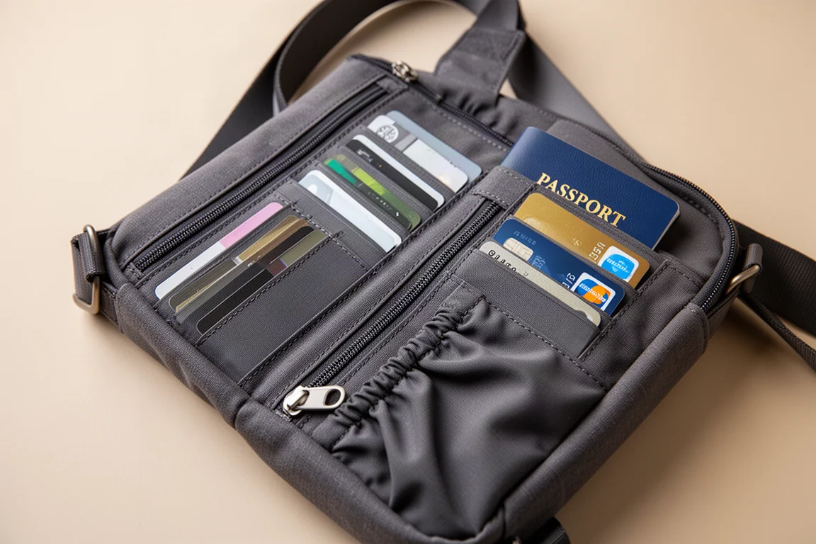 Interno aperto della borsa a tracolla con tasche sottili, portacarte e divisori
