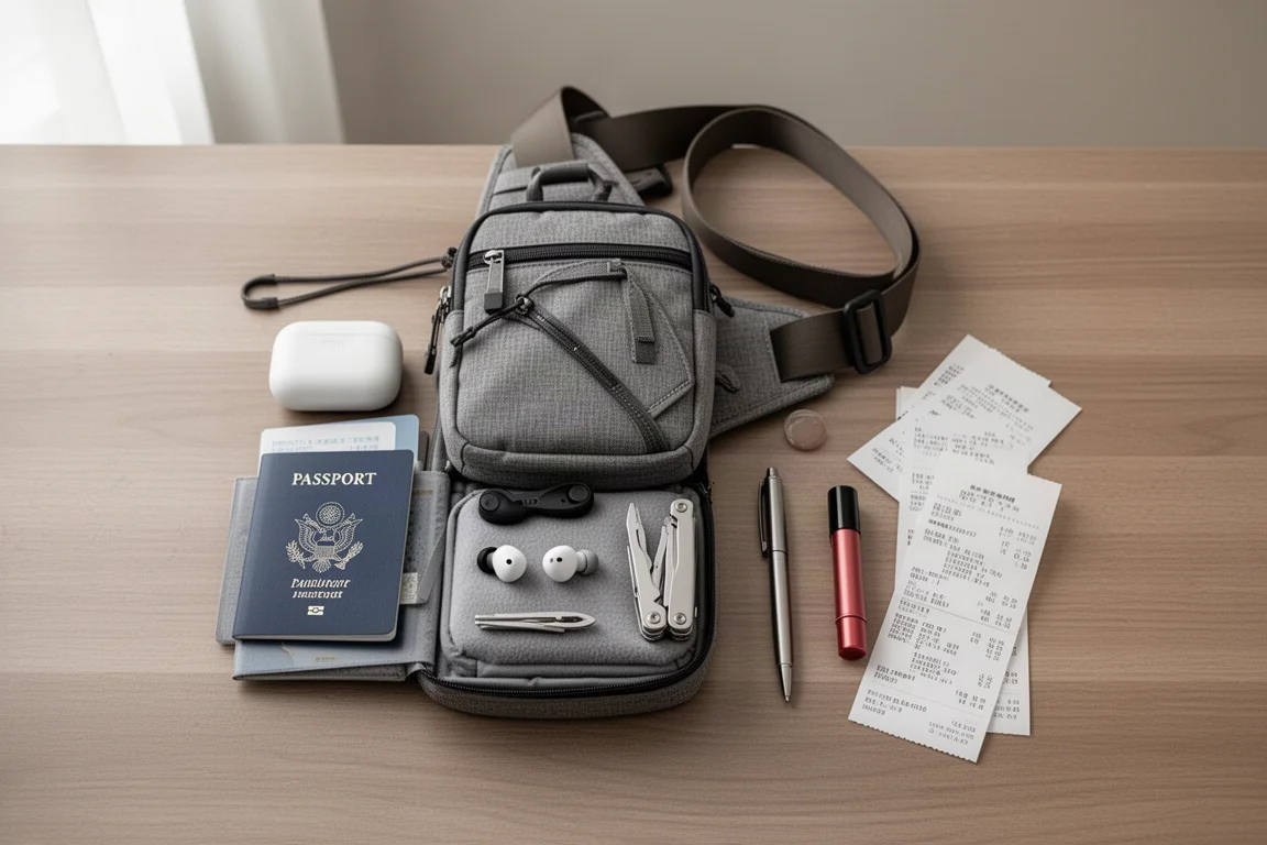 Borsa a tracolla imballata in piano con passaporto, auricolari, multi-tool e penna visibili