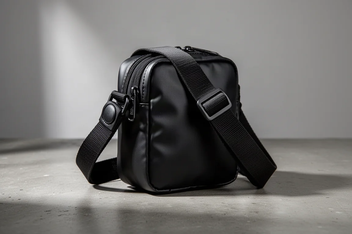 Compact black sling bag with smooth laminated nylon exterior on a concrete surface