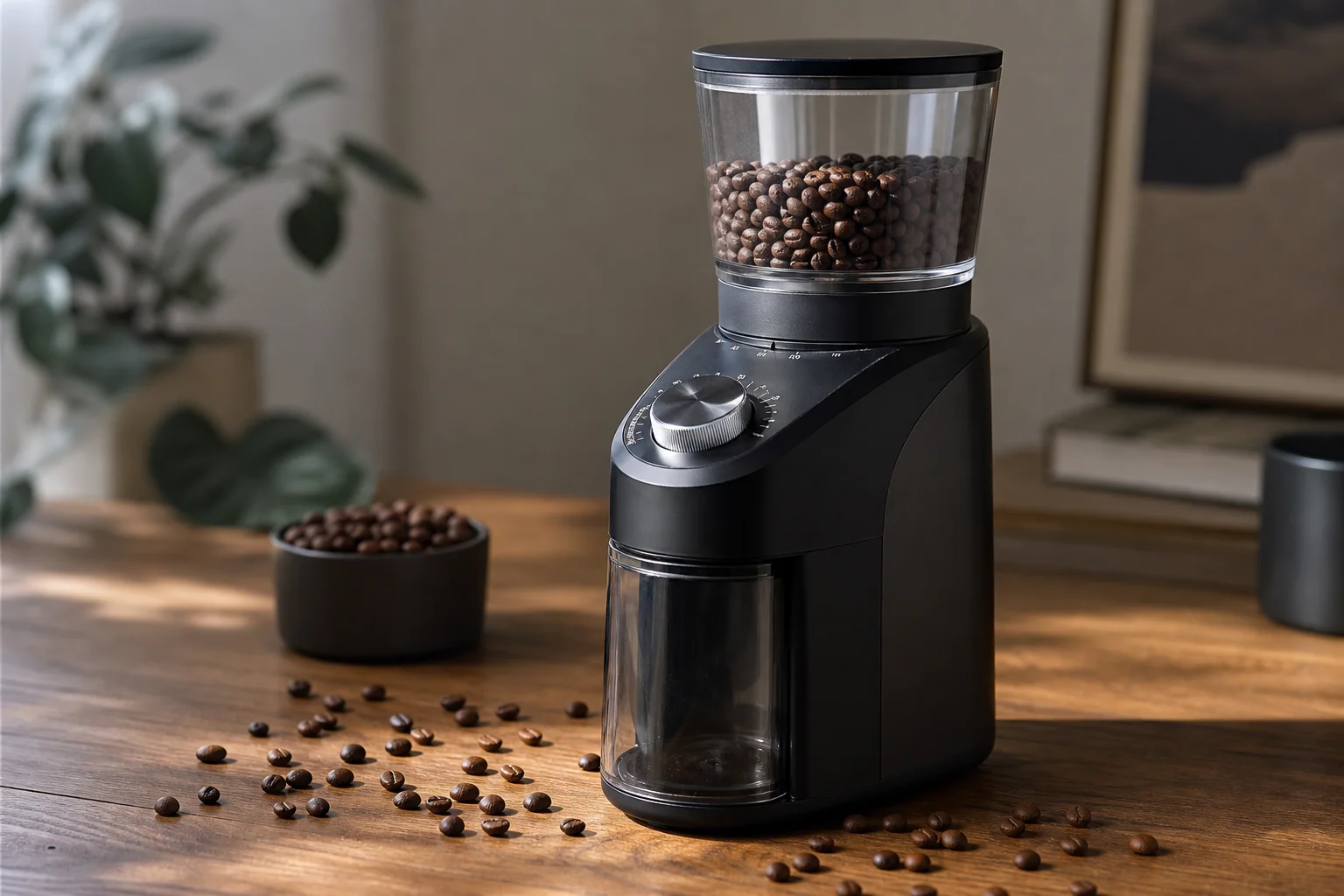 Burr grinder with whole bean coffee scattered on wooden surface