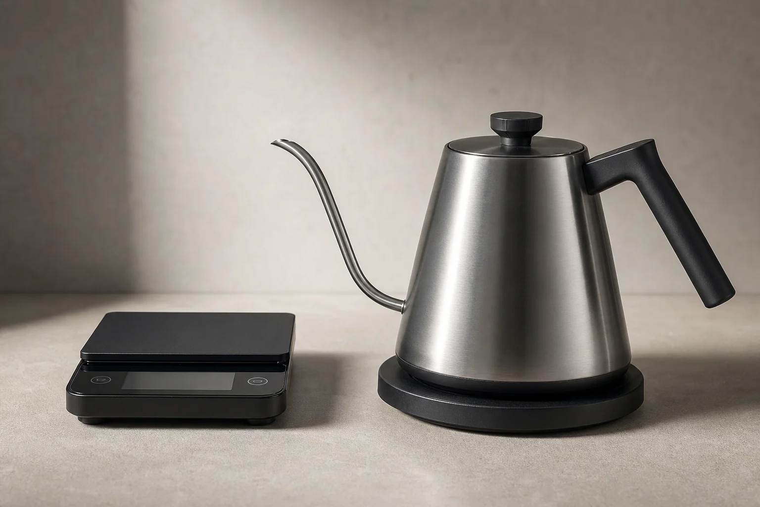 Electric gooseneck kettle next to digital kitchen scale