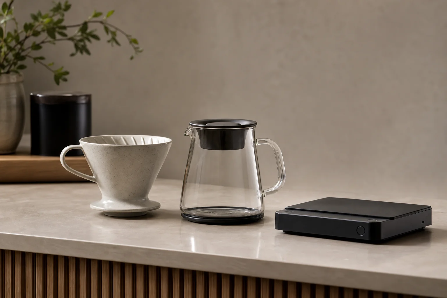 Ceramic V60 dripper, Fellow decanter, and premium scale on coffee bar