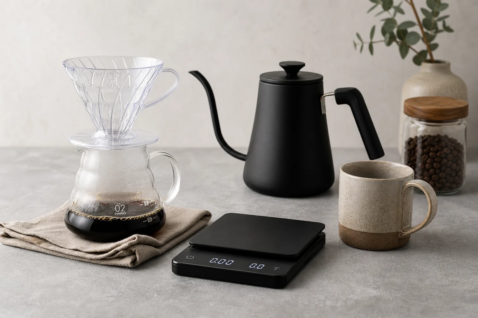 Coffee brewing equipment including V60 dripper, kettle, scale, and mug on concrete
