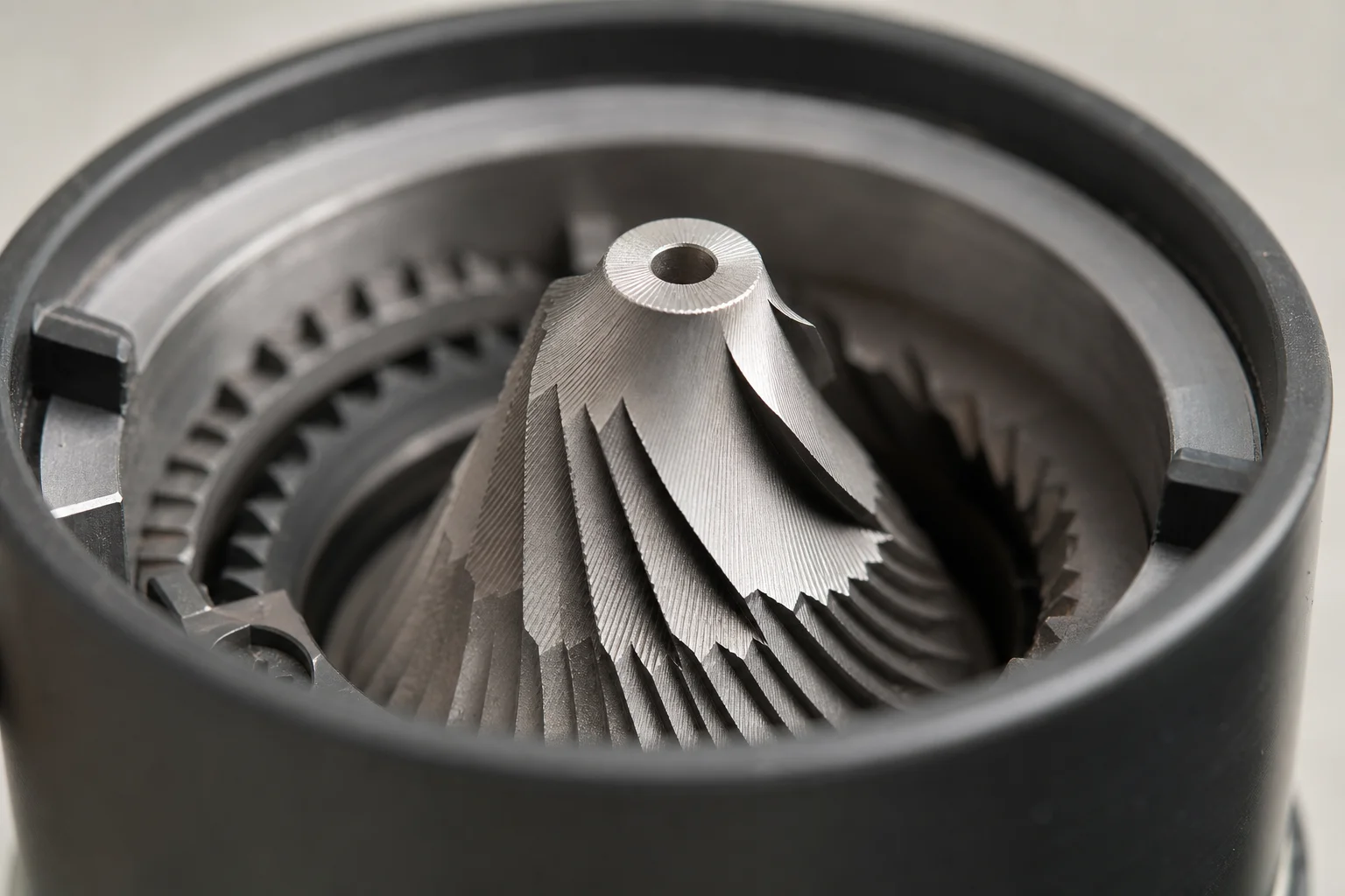 Close-up of conical burr mechanism showing cone shape and cutting surfaces